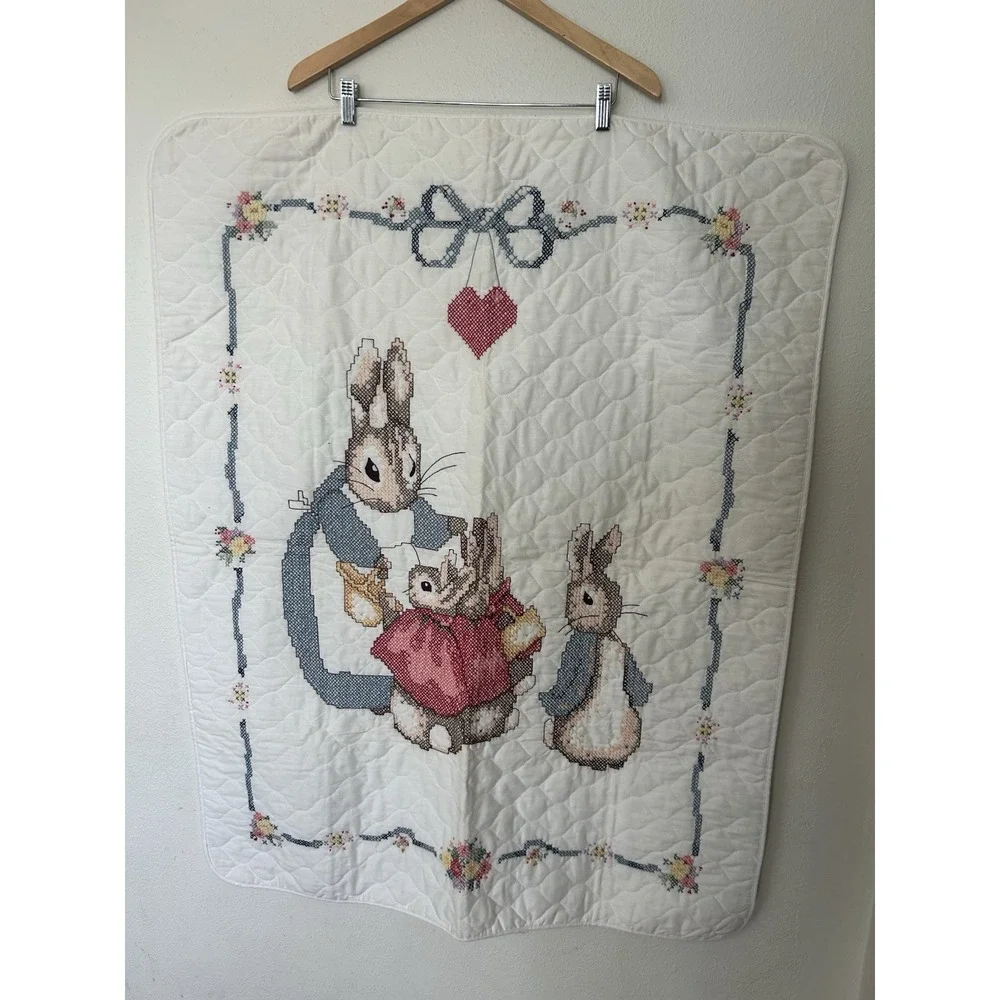 Vtg Peter Rabbit Cross Stitch Quilt Beatrix Potter Crib Blanket Wall Hanging